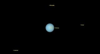 a small pale Uranus hangs in black space. around, small points are labeled Miranda, Ariel, and Ubriel.