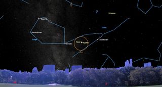 Bushy trees form a low horizon in front of backgound buildings, barely breaching the trees' line. Above, a vast night sky with blue lines connecting light points to show constellations. The outline of a medium sized orange circle captures Mars and Jupiter.