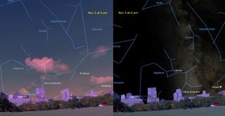 A split image shows constellations traced in the sky and the difference between two different nights.